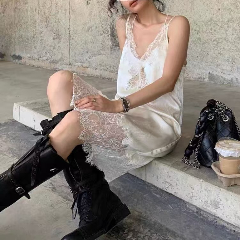 Robe Silk Women - Sexy Splicing Lace Strap Dresses for
